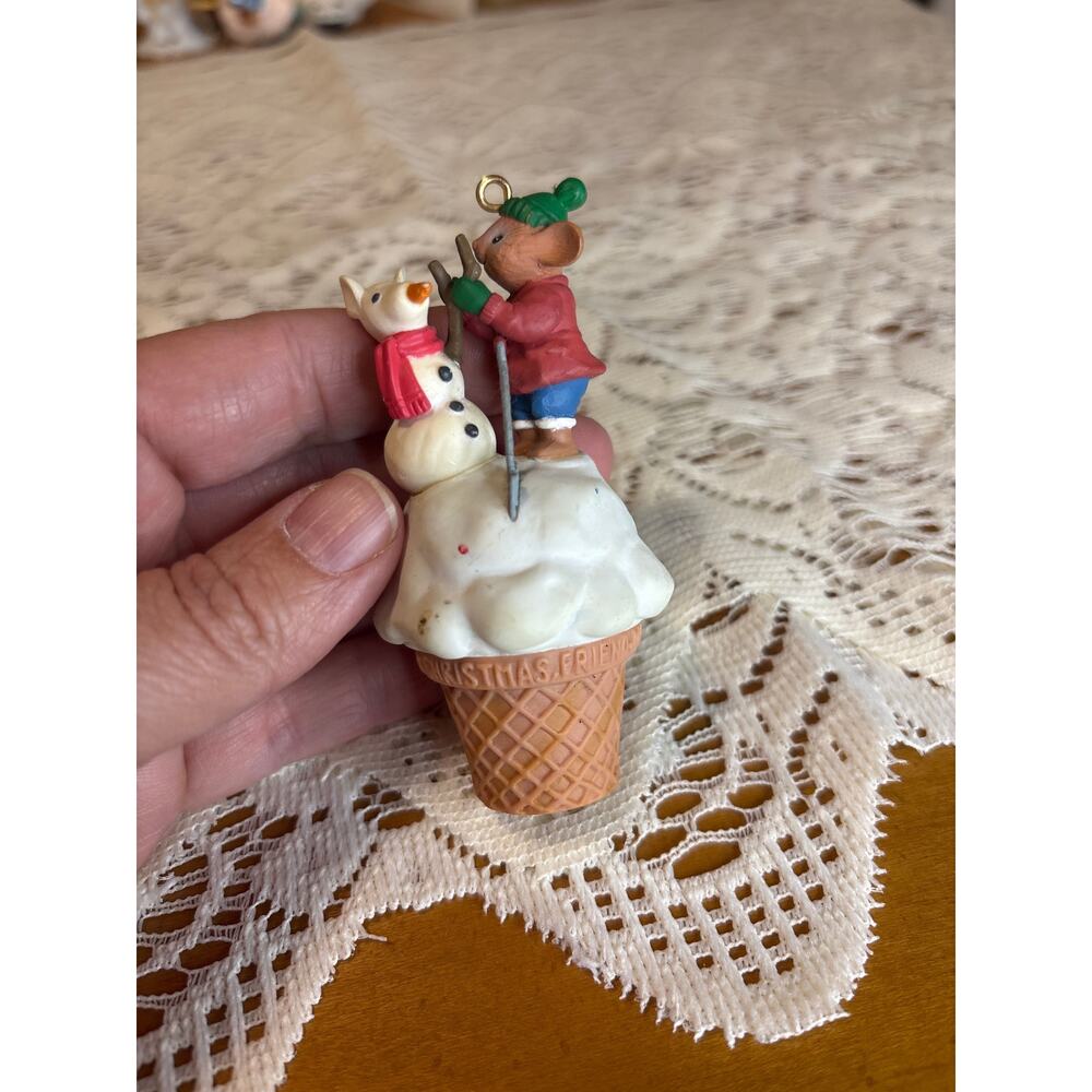 1989 ENESCO “Christmas Friends” Ornament – Mouse & Snowman in Ice Cream Cone